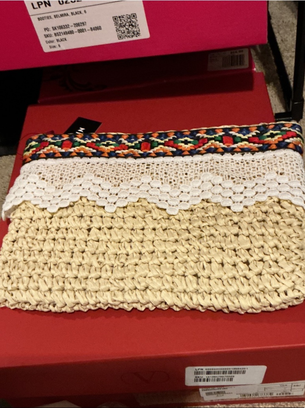 Handwoven Straw Clutch with Colorful Trim and Lace